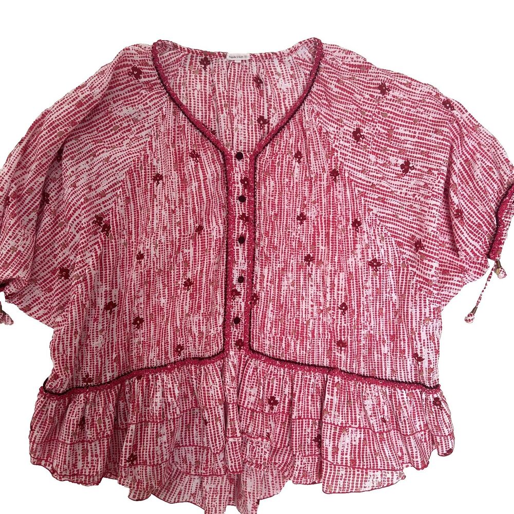 Poupette St Barth Tunic OS Fuchsia Pink Cotton Ruffle Tassel Beach Coverup